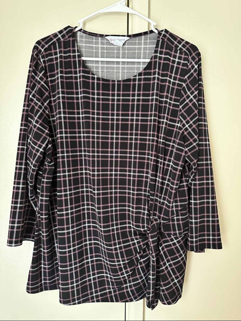 Liz Claiborne Black Plaid 3/4 Sleeve Knot Front Top